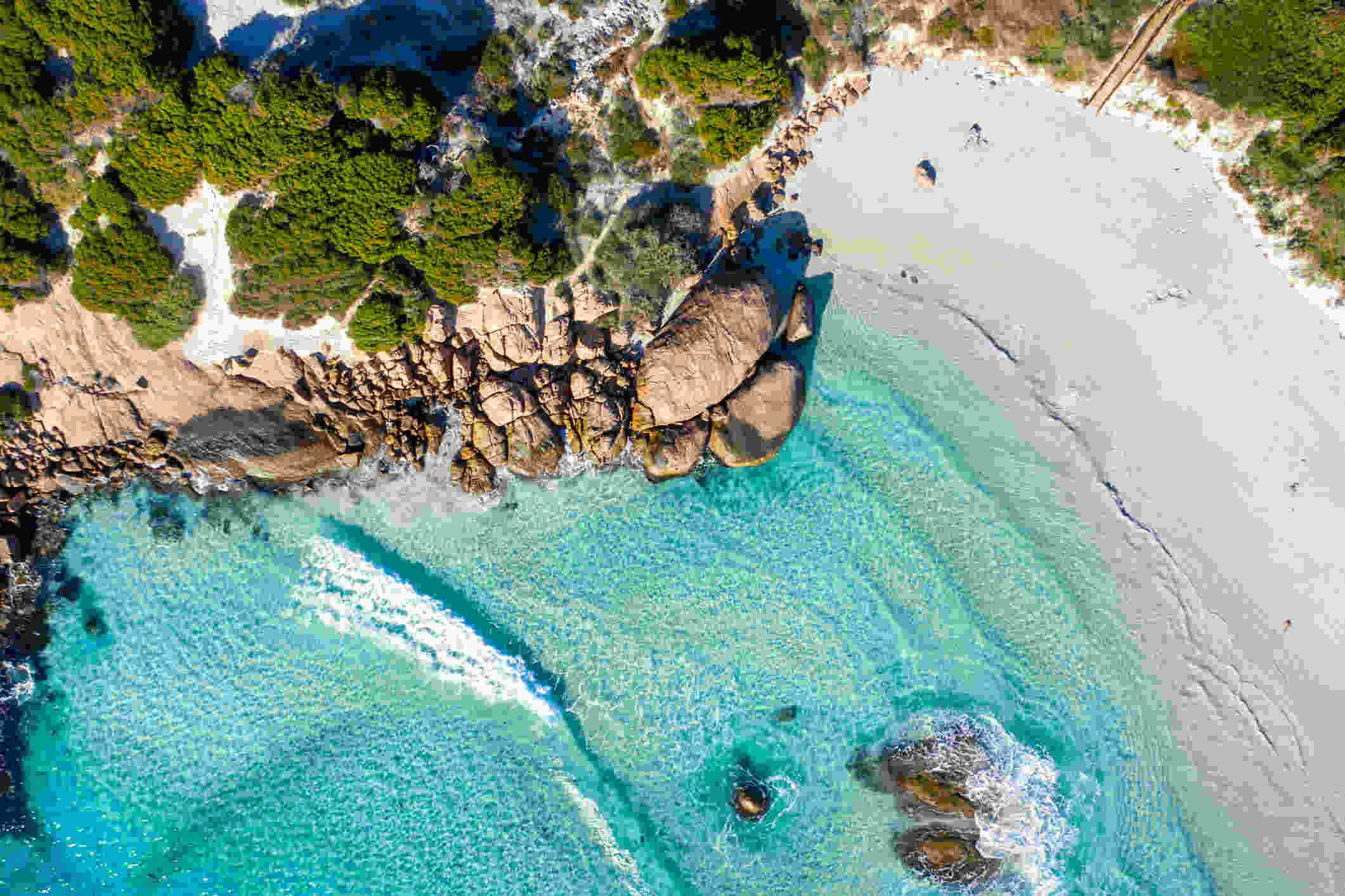 An aerial view of the turquoise waters and coastline near Esperance, Australia.