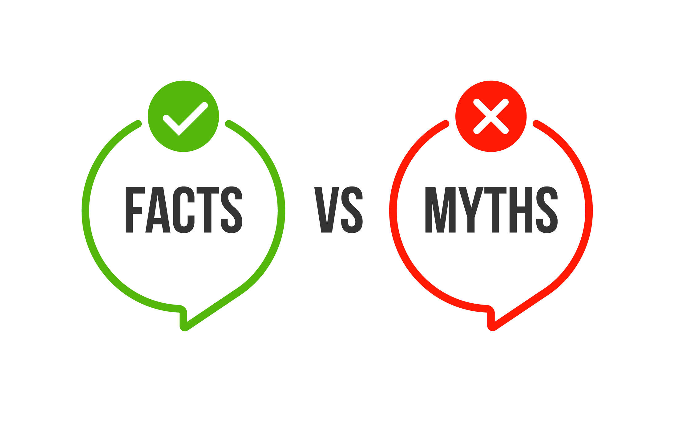 Green checkmark in a speech bubble with the word "Facts" and a red X in a speech bubble with the word "Myths"